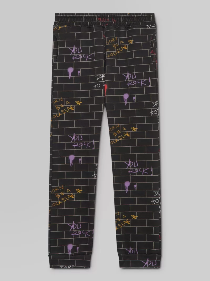 Nicky The Wall Print Track Bottom in Black - Childrens Black Jogging Bottoms Igm-1